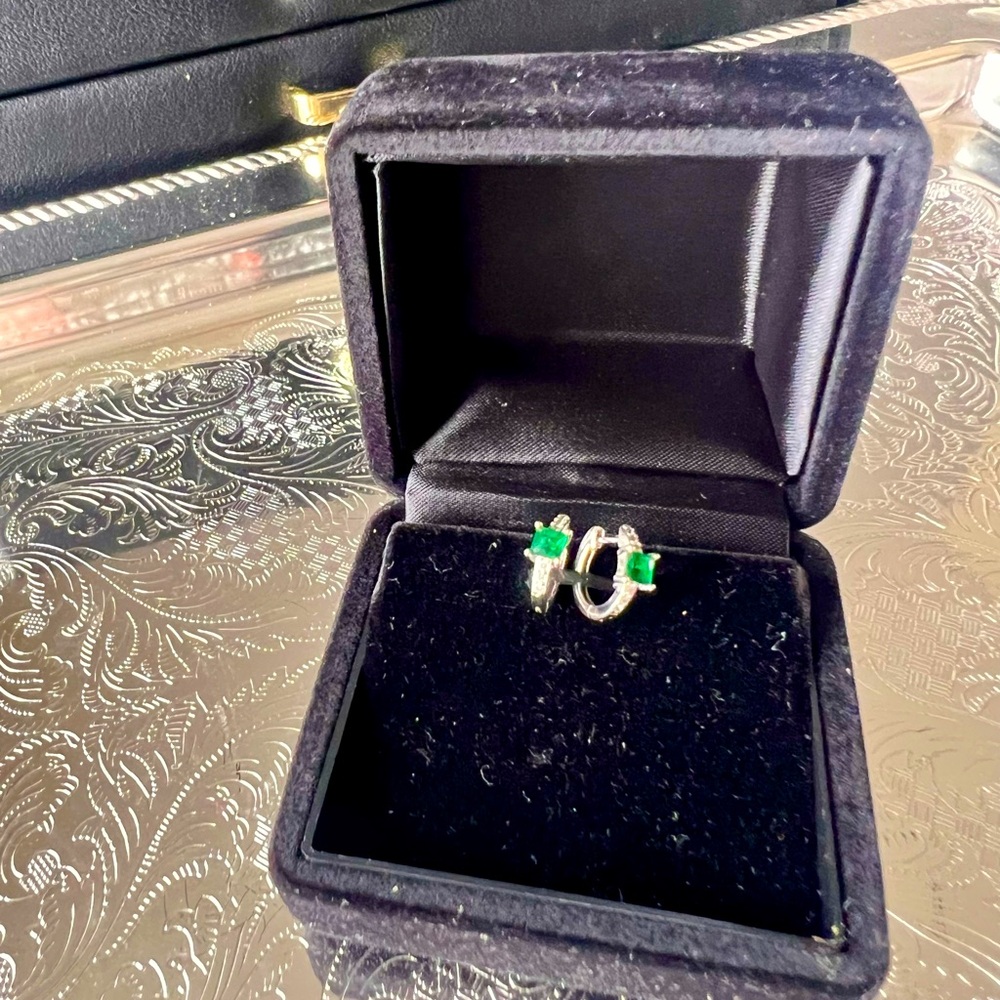 Elegant Silver and Green Huggies Hoop Earrings